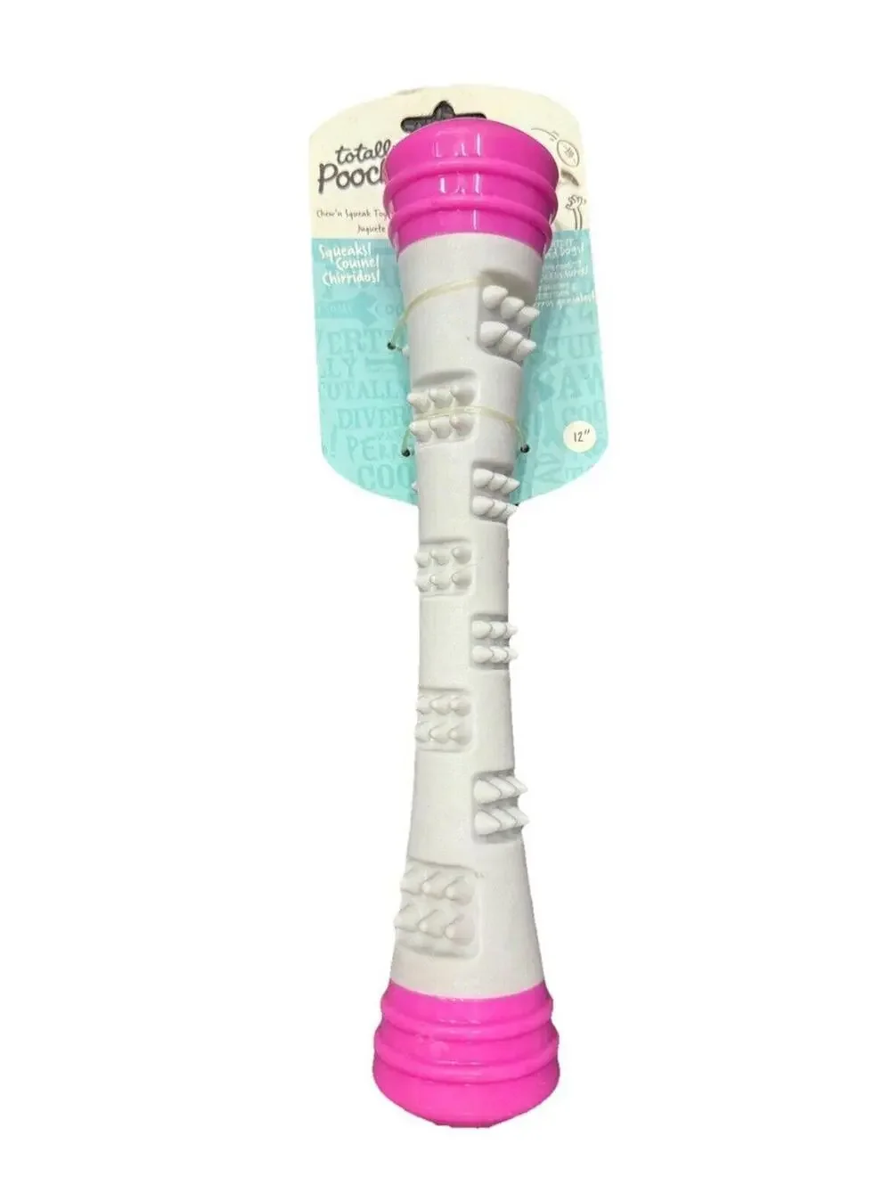 (RGB3) Totally Pooch 12” Chew & Squeak Dog Toy Textured Rubber Stick Pink & Gray